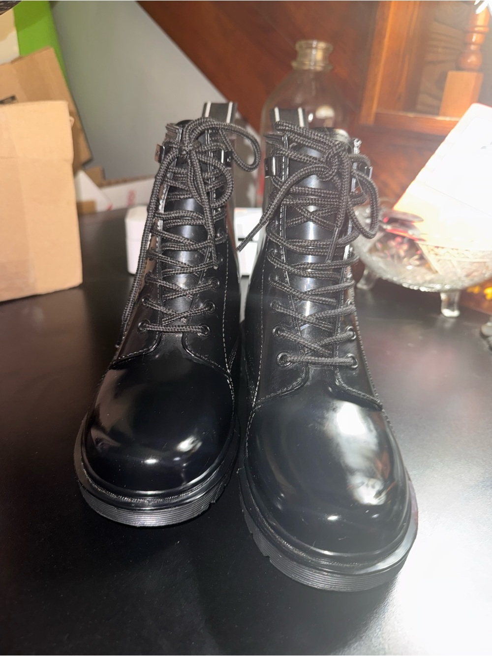 Michael Kors Black Patent Lace-Up Combat Boots rain boots